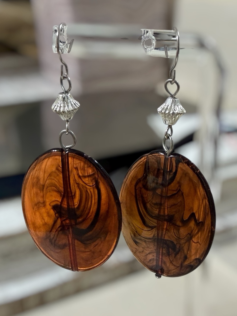 Large Vintage wire drop translucent earrings about 2.5in